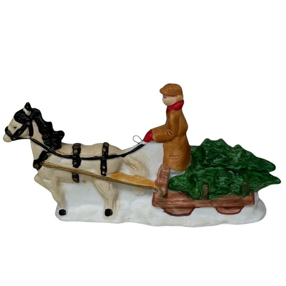 Christmas Village Figurine Miniature Horse and Sleight with Tree Holiday Deco